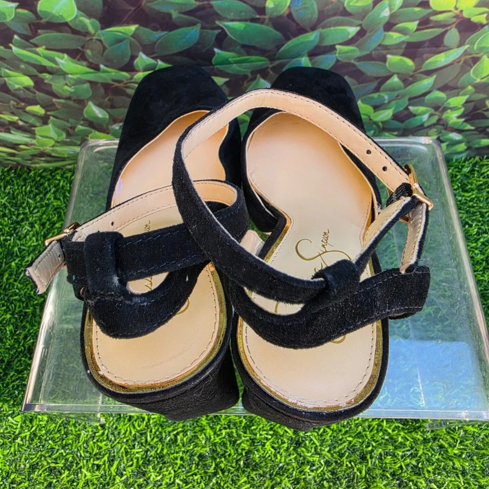 Jessica Simpson Black Suede Platform Flared Block Heel Ankle Strap Pumps Size 9M